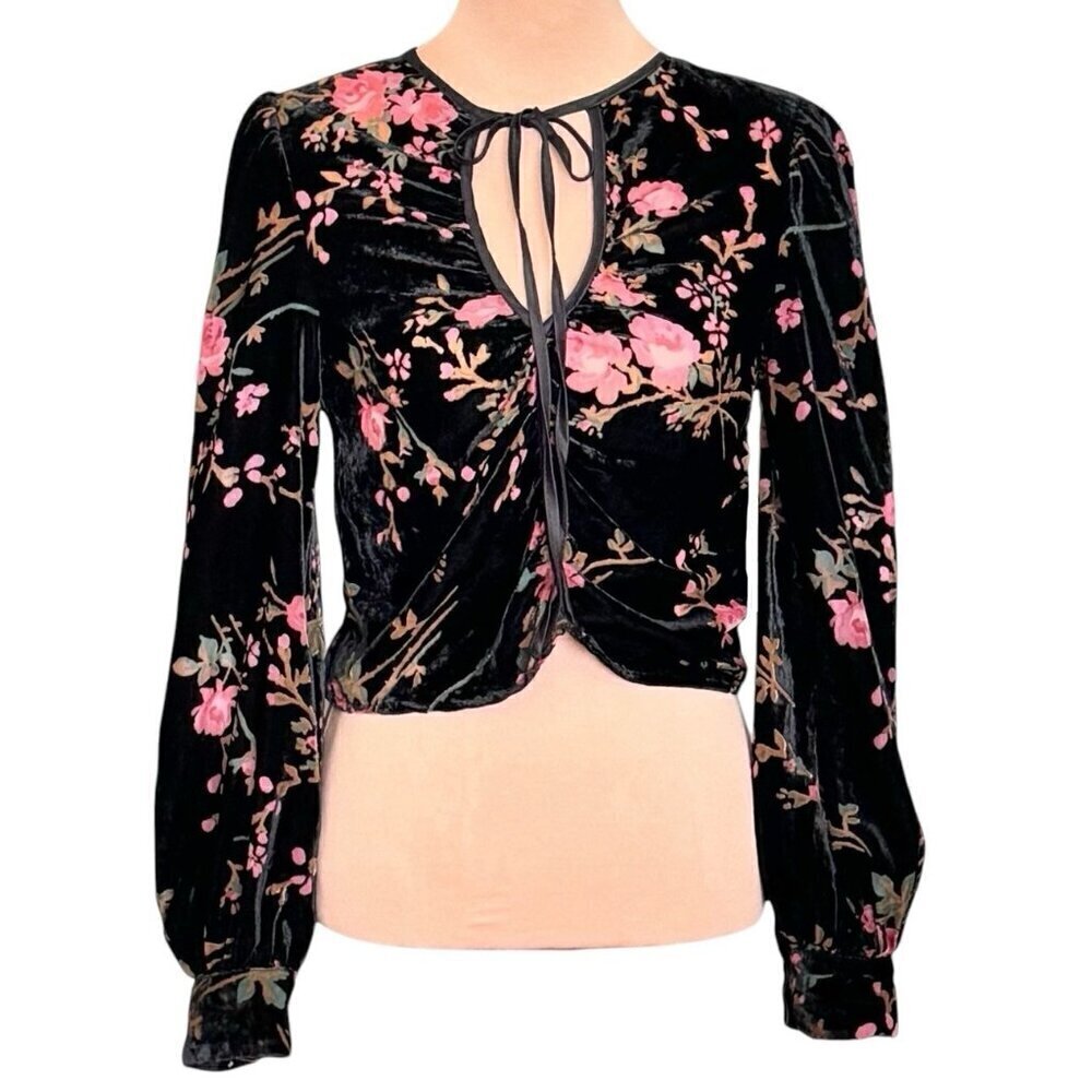 Boho Burntout Velvet Floral Crop Top Blouse Sz.S Black Bishop Sleeve Fairy Goth